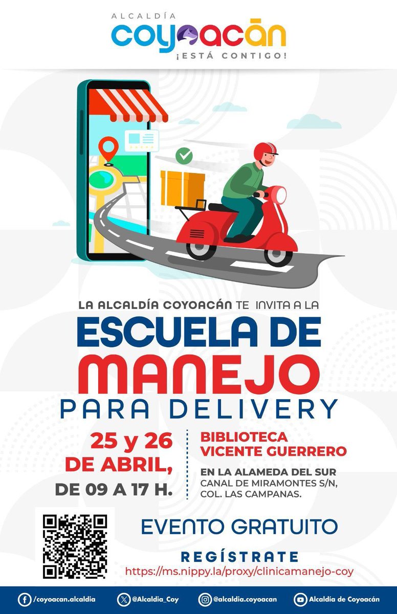 Alcaldia_Coy's tweet photo. Ven a la Escuela de Manejo para Delivery en Coyoacán y conviértete en un experto al volante. 

🎟️ ¡Sin costo! Solo regístrate en el link del flyer. 📲

📍 Biblioteca Vicente Guerrero, Alameda del Sur. 🗓️ ¡Aparta la fecha: 25 y 26 de abril!
#CoyoacánEsLaSede https://t.co/QHV2VaEBUr