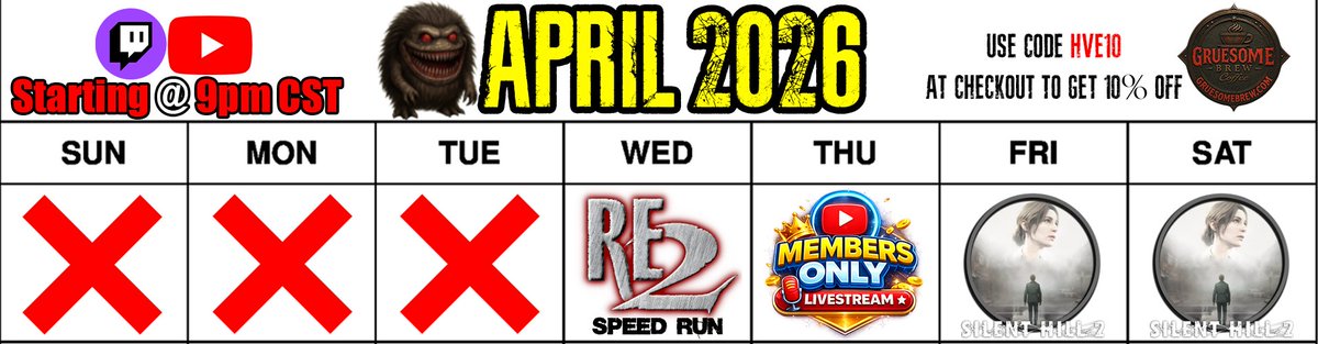 HAVOCvsEVIL's tweet photo. THIS WEEKS STREAM SCHEDULE! (April 19th - April 25th)    Just a reminder I multi-stream to both Twitch &amp; YouTube!
YouTube: https://t.co/xAhbsVlWhv    
Twitch: https://t.co/cS8qzfHj5Y 
#ResidentEvil #SilentHill2 #REBHFun https://t.co/uSSkUxFs1B