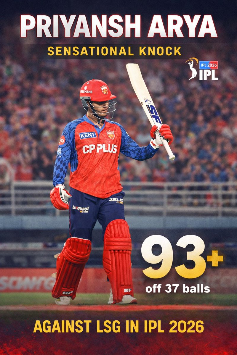 RealmOfCricket's tweet image. 🔥 PRIYANSH ARYA – PURE CARNAGE! 🔥

93 runs 💥
Just 37 balls ⚡
LSG bowlers had no answers! 😳

A knock to remember in IPL 2026 🏏
Fearless. Explosive. Unstoppable. 🚀

#PriyanshArya #IPL2026 #CricketFever #LSGvsPBKS #CricketReels #IPLKnock #YoungTalent #CricketLovers