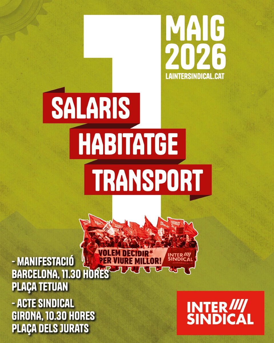 📢 El 1r de maig posem el focus en 3 qüestions que afecten directament la vida de la classe treballadora: salaris, habitatge i transport!!!

✅ Ens cal disposar d’un Marc Català de Relacions Socials i Laborals per garantir una vida digna per a la majoria. #LluitarPagaLaPena