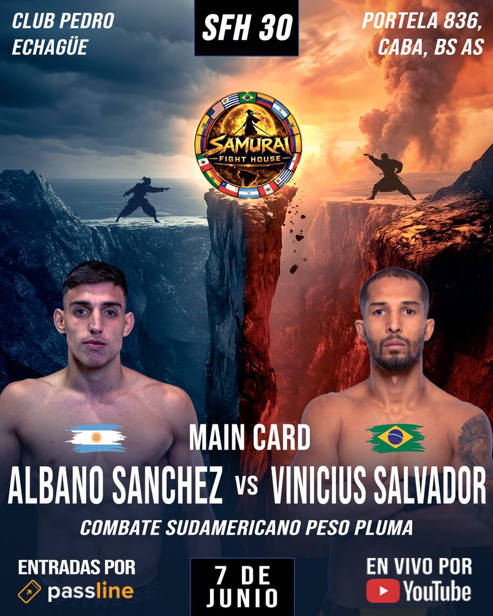 SamuraiFightMMA's tweet photo. ES OFICIAL: ARRANCA SFH 30 CON UN PELEÓN 🔥🇦🇷🇧🇷

Invicto vs experiencia UFC.
Albano Sanchez (21, invicto) vs Vinicius Salvador (ex UFC).

Peso pluma. Dos strikers. Van por el KO.

¿Se mantiene el invicto o gana la experiencia? 🥋🔥 #SFH30 https://t.co/N6d59qNU5a