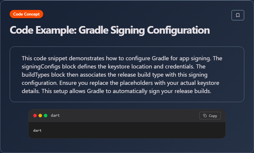 techielearnapp's tweet image. ✨ Code Example: Gradle Signing Configuration (Flutter Development)

Learn more on our app: play.google.com/store/apps/det…

#Flutter #MobileDev #CrossPlatform #FlutterDev #100DaysOfCode #DevLife