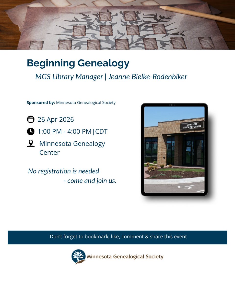 New to genealogy?
Join our Beginning Genealogy class (1–4 PM at the MGS Library) and learn how to start your family history research with confidence.

What will you discover about your family story?