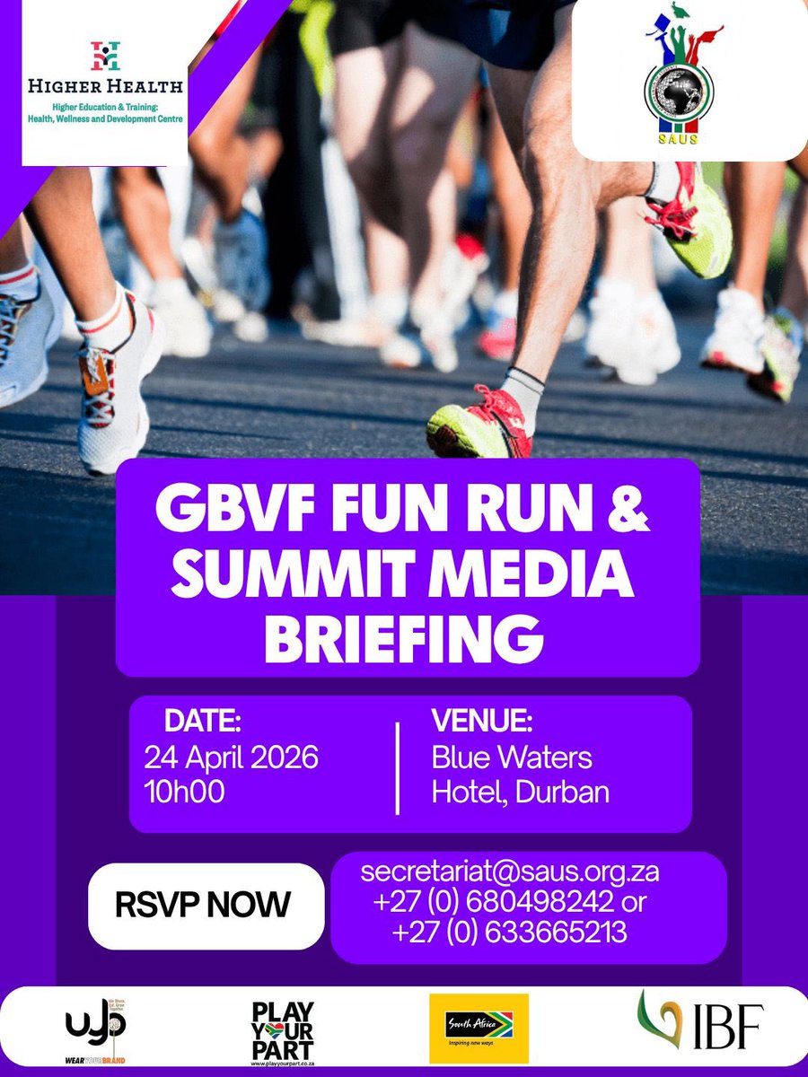 SAUS_2019's tweet photo. The South African Union of Students cordially invites members of the media and stakeholders to attend the GBVF Fun Run &amp; Summit Media Briefing, scheduled for 24 April 2026 at the Blue Waters Hotel in Durban.

#SAUS #GBVF #PlayYourPart #FunRun #StudentVoices #DurbanEvents https://t.co/2wmNrRyWHL