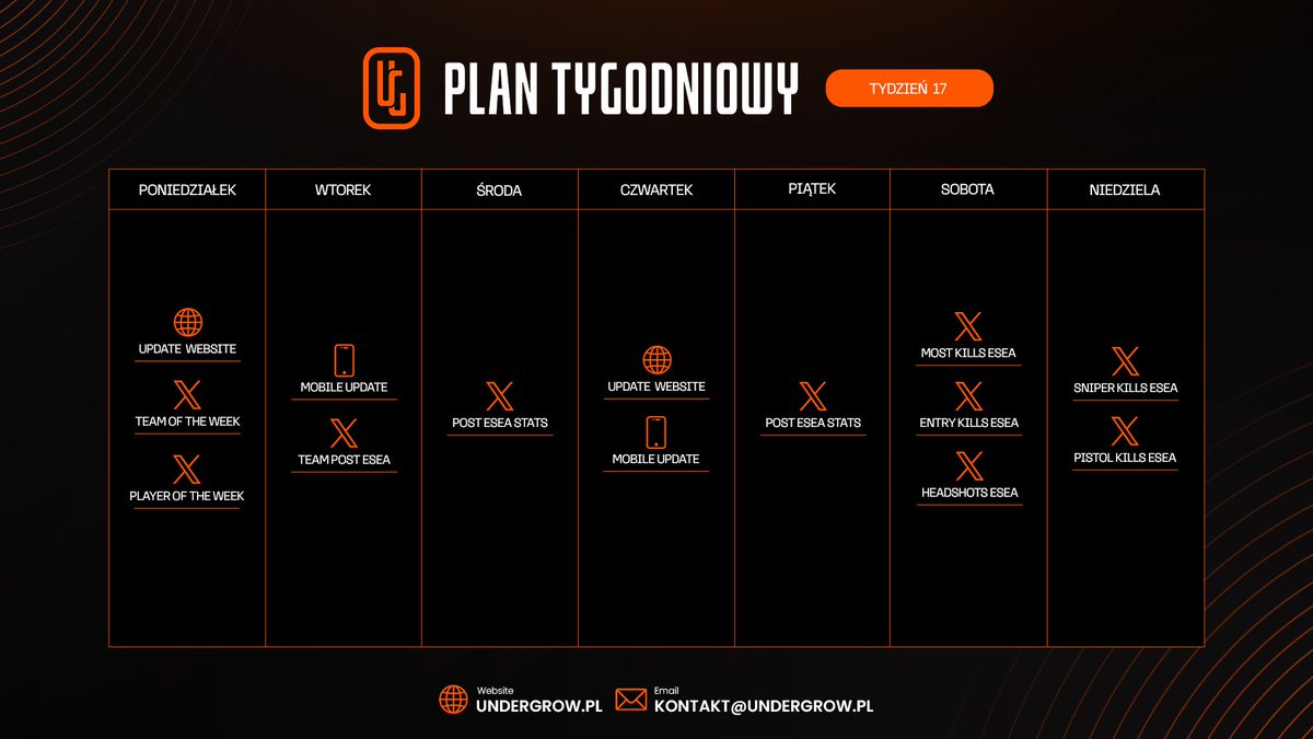 UnderGrow_CS2's tweet photo. Tydzień 17 będziemy zaczynać z przytupem! 🔥

Przedstawiamy Wam nasz nowy plan tygodniowy. To dla nas czas testów  ruszamy z nowymi seriami i regularnymi aktualizacjami. Dajcie znać w komentarzach, na który format czekacie najbardziej! 👇

#Undergrow #Esports #Gaming #WeeklyPlan https://t.co/ZVIVEMBkyd