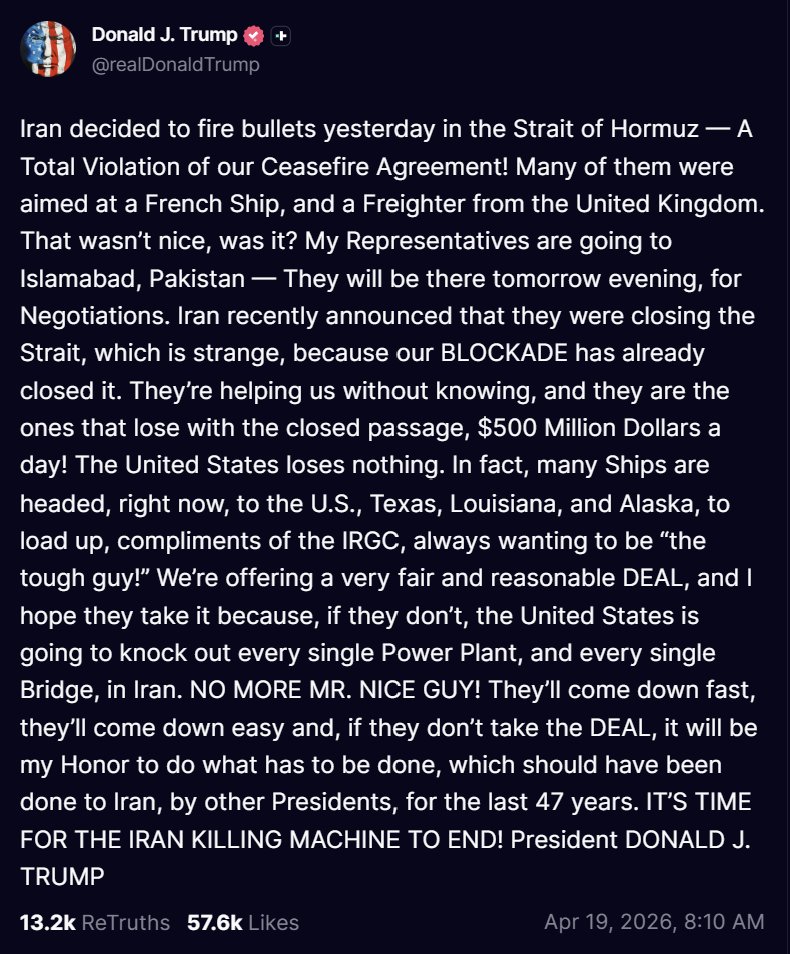 holonabove's tweet photo. This is Trump saying the Strait of Hormuz is already under effective control and "Iran" is too late to the board... that means the old proxy lane is being forced shut on terms Iran did not set, while Europe gets exposed as energy dependent, Britain and France get pulled into the frame, and US sovereign supply lines from Texas, Louisiana, and Alaska start absorbing the redirected flow...

Islamabad signals this is not random diplomacy... it is regional corridor restructuring tied to energy, trade, and military leverage all at once...

When Trump shifts to bridges and power plants, he is naming the operating skeleton of the Iranian state, which tells us this has moved beyond rhetoric into system level coercion where maritime control, energy rerouting, and infrastructure dominance are collapsing the old extraction architecture right before our very eyes...

For those thinking this wasn’t anticipated, they simply aren’t tracking to the fact that everything must be exposed in layers, one layer at a time...

The cycle is always the same... pressure is applied, the hidden actor reacts, the reaction reveals the architecture, the public sees a little more of what was already there, legitimacy shifts, and the next layer can be opened without losing the larger audience...

That is how systems this large are taken down...