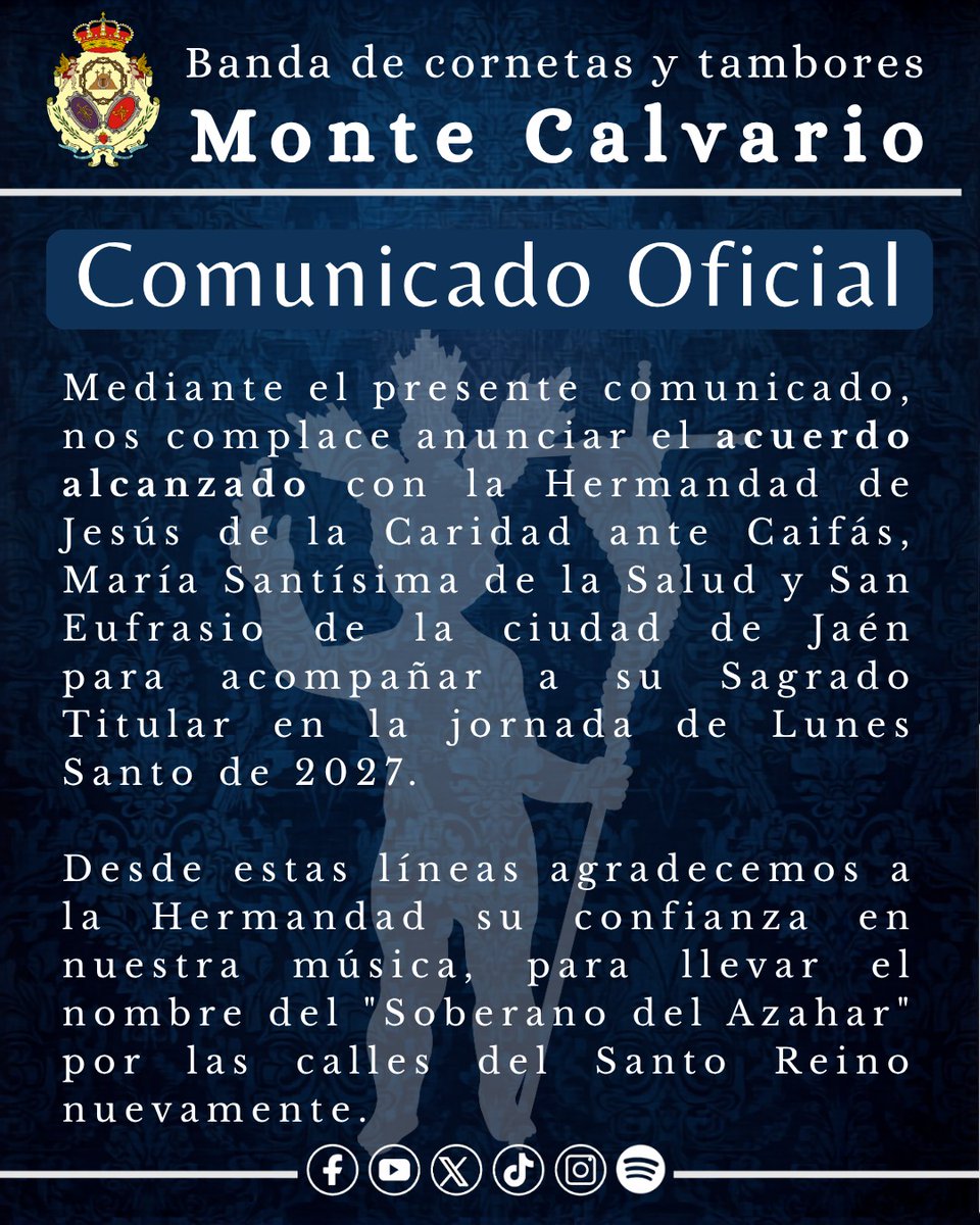 MonteCalvario_'s tweet photo. 𝐂𝐎𝐌𝐔𝐍𝐈𝐂𝐀𝐃𝐎 𝐎𝐅𝐈𝐂𝐈𝐀𝐋 

𝑳𝒖𝒏𝒆𝒔 𝑺𝒂𝒏𝒕𝒐  

✝️ Hermandad de Caridad y Salud. Jaén.

#ᴍᴄ𝟸𝟼 | #sᴜᴇɴᴀᴍᴄ https://t.co/8OKY7IWxIW