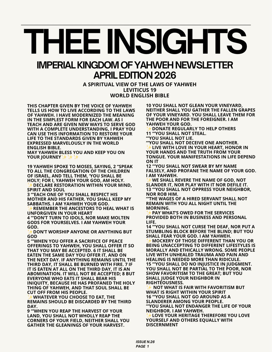 DivineYahweh's tweet image. Leviticus 19:15
#WorldEnglishBible
15 “‘You shall do no injustice in judgment. You shall not be partial to the poor, nor show favoritism to the great; but you shall judge your neighbor in righteousness.

🕊️Season of #restoration within #mind, #body, #spirit and #soul🕊️

#Yahweh