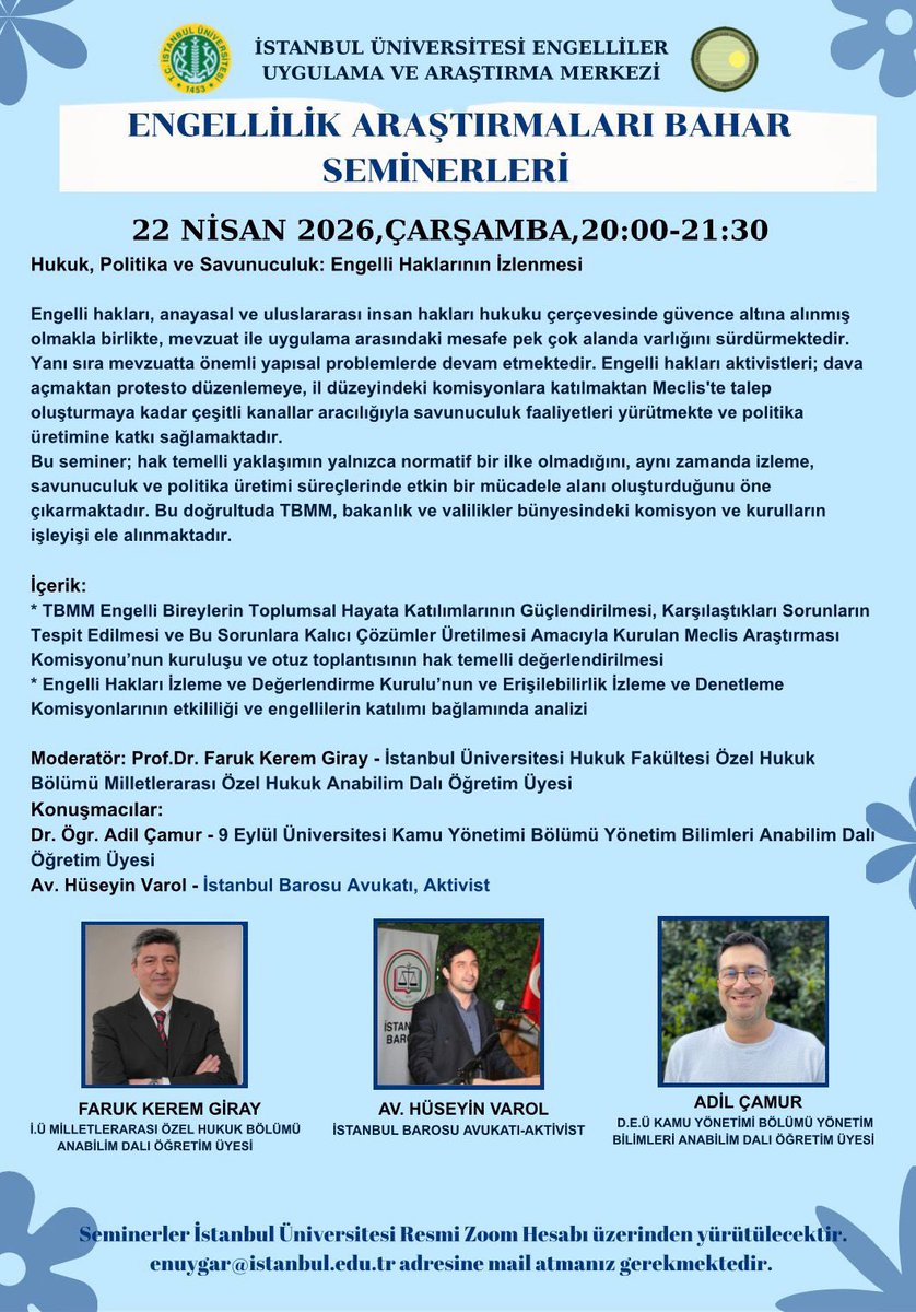 _ENUYGAR's tweet photo. İÜ ENUYGAR Merkezi tarafından organize edilen, ENGA Bahar Seminerleri, “Hukuk, Politika ve Savunuculuk” başlıklı seminerle devam ediyor.

Tarih ve saat: 22 Nisan 2026, Çarşamba, saat 20.00-21.30

@GirayKerem @avhuseyinvarol  @ResaAydn https://t.co/9EUjmSQFJq