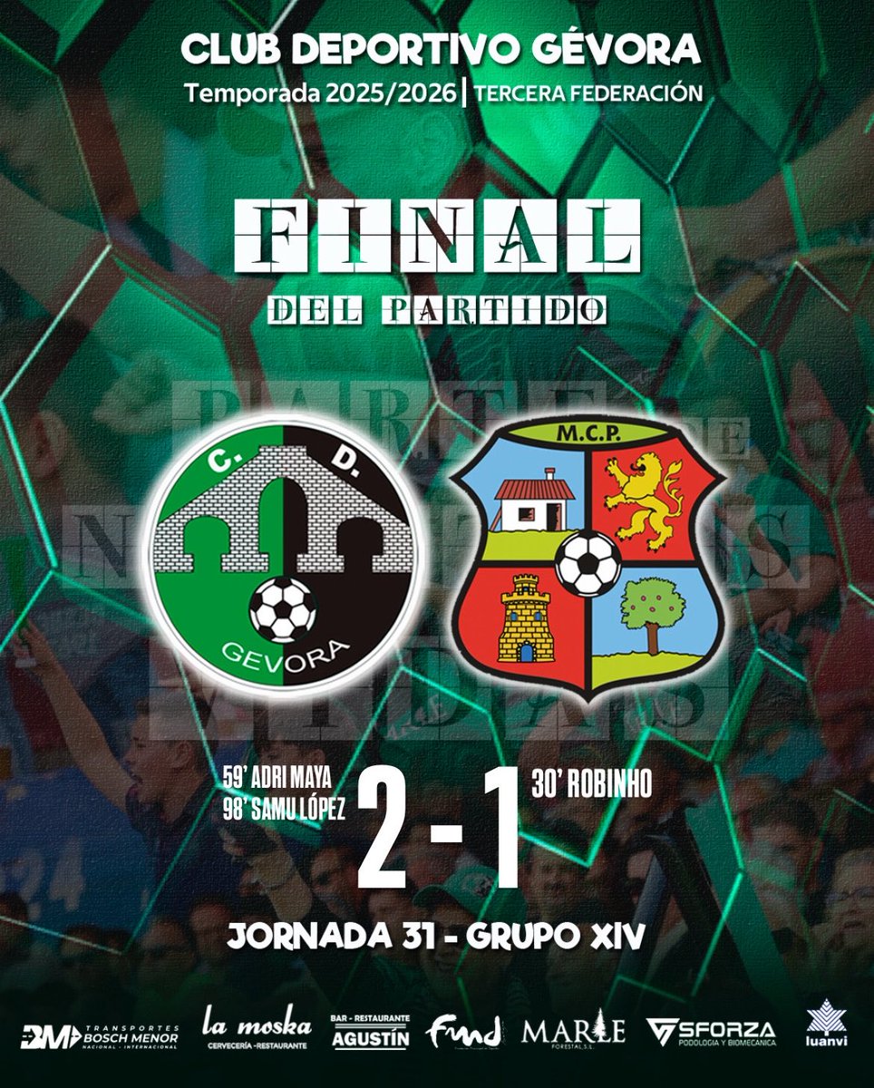 CdGevora's tweet photo. 🔚 𝐅𝐈𝐍𝐀𝐋 𝐃𝐄𝐋 𝐏𝐀𝐑𝐓𝐈𝐃𝐎

💚 @CdGevora 2-1 @MORALO_CP 🎭 

⚽️ Adri Maya y  Samu López 

✅ VICTORIAAAAAAAAAAA Y 3 PUNTAZOS. 

¡¡ENHORMESS!!!

#Jornada31 
#CDDMCP https://t.co/pzKKXiO6kv
