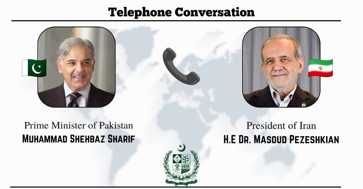 HamzaAzhrSalam's tweet photo. Prime Minister Shehbaz Sharif held a 45 minute telephonic conversation with Iran's President Masoud Pezeshkian. https://t.co/nAj6z6ACbC