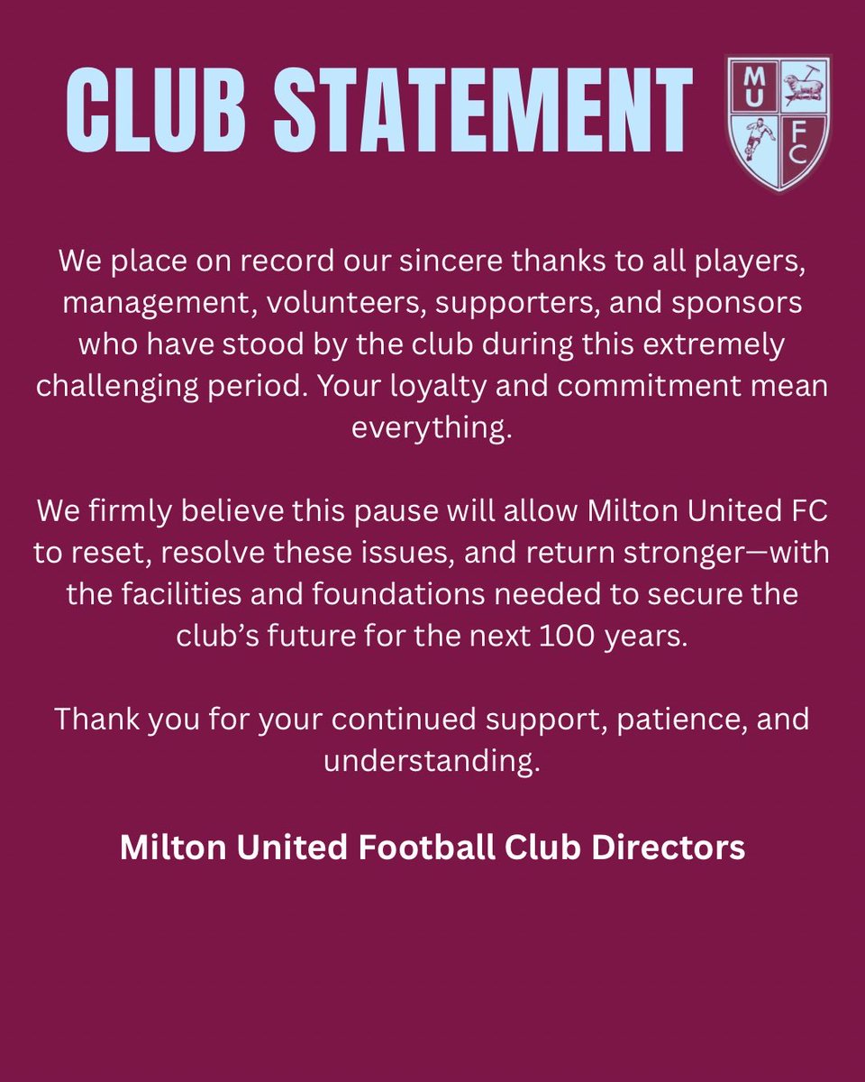 Milton United Football Club Statement - Sunday 19th April 2026 

Milton United FC Withdraw Men’s First Team from the National League System.

See attached for more information. 

#UTM