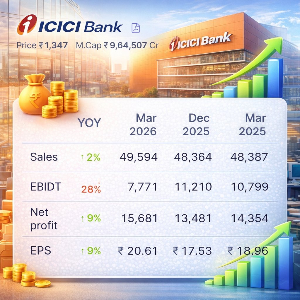 ICICI Bank’s March 2026 results show steady growth — net profit and EPS up 9%, though EBIDT fell 28%.