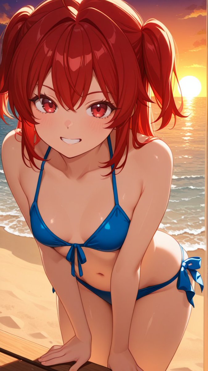 アニメキャラクター イラスト 赤い水着 夕陽に染まる夏の誘惑💕 この笑顔と水着、破壊力高すぎるでしょ…？ 今
