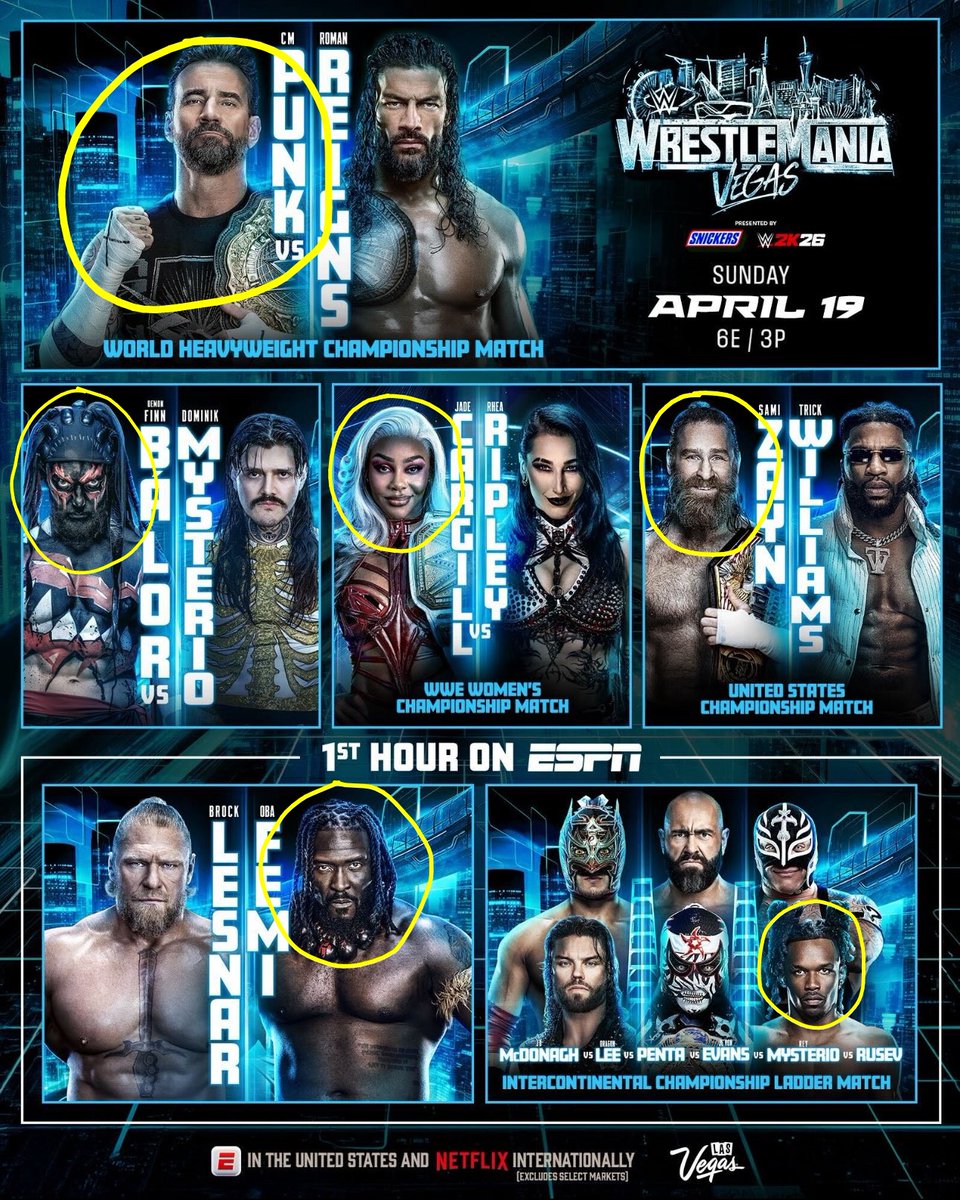 Alrighty folks predictions time let's go.

#WrestleMania42NightTwoPredictions

1. CM Punk
2. Demon Balor/Finn Balor
3. Jade Cargill
4. Sami Zayn
5. Oba Femi
6. Je'Von Evans