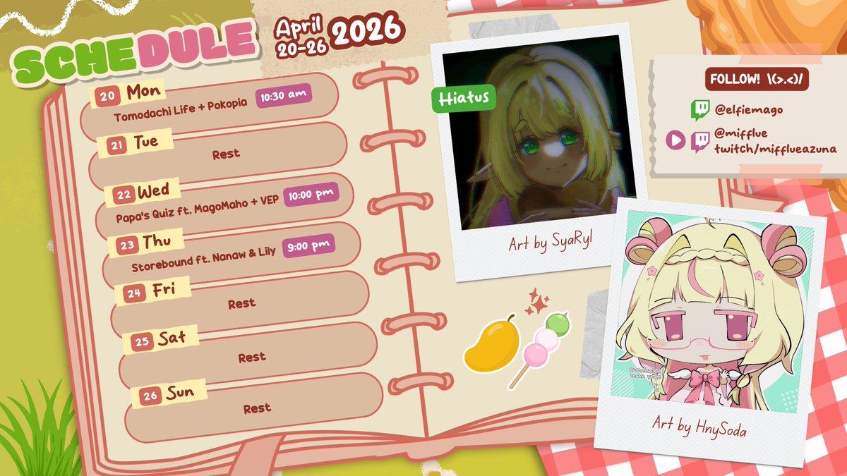 proj_orbit's tweet photo. Ohaiyo!~🌄 

MagoMaho Weekly Schedule for April 20th-26th 2026 is here. Catch all @mifflue streams! Elfie is currently on hiatus.📷

#malaysiavtuber #magomaho🍡🥭 https://t.co/ZkHBAH2iXu