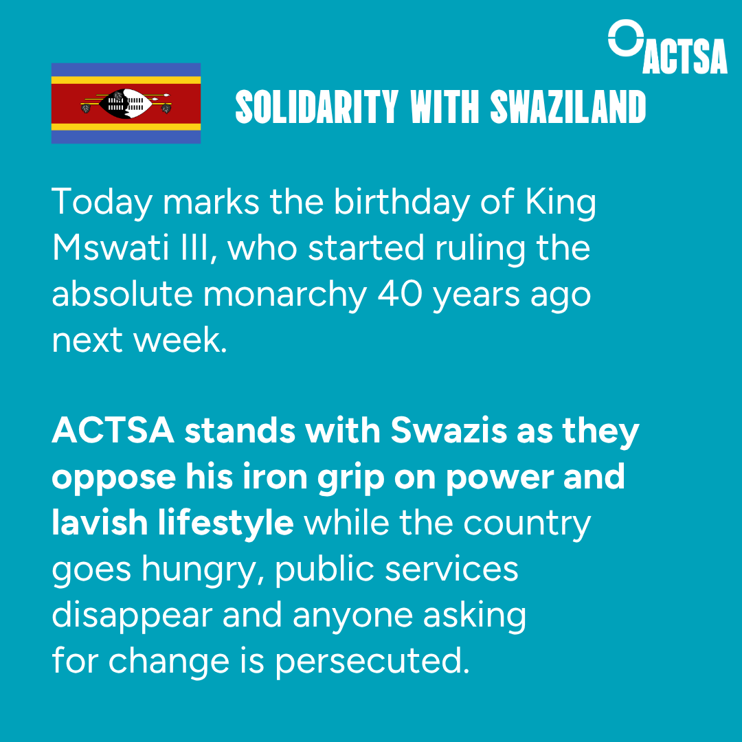 ACTSA_UK's tweet photo. Today is King Mswati III's birthday, who marks 40 years in power next week. But people in Swaziland are far from celebrating.

ACTSA and the Swaziland Human Rights Network UK call on the UK + Commonwealth to challenge his iron grip on power and world-leading levels of inequality. https://t.co/kps0qQz4WR