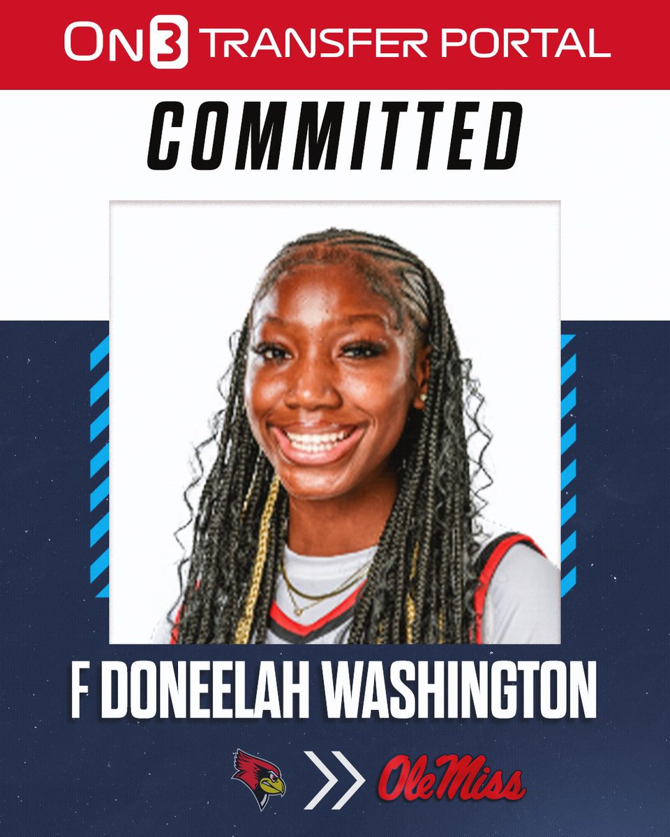TaliaGoodmanWBB's tweet photo. NEWS: Illinois State transfer Doneelah Washington has committed to Ole Miss. 

The 6-1 sophomore averaged 16.7 ppg, 8.6 rpg and 1.9 spg this season. 

TRACKER: https://t.co/wYv1Ze6704 https://t.co/FUiWomVWbU