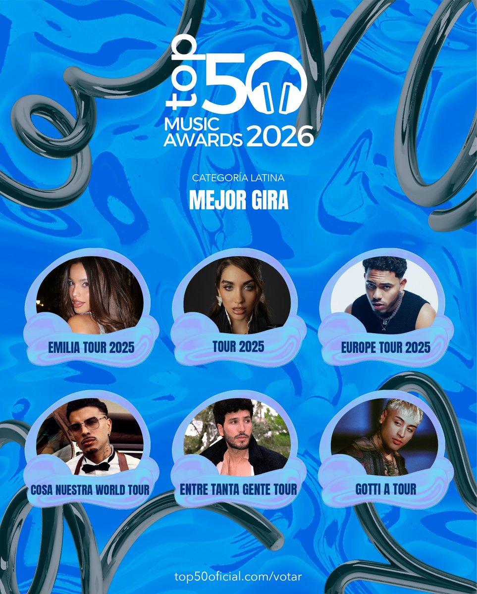 TOP 50 MUSIC AWARDS 2026
#TOP50MA2026

🔹 MEJOR GIRA 🔹
Categoría Latina

🔹 <a href="/emimernes_/">emilia</a> 
🔹 <a href="/MariaBecerra22/">LNDA 🇦🇷</a>
🔹 <a href="/MYKETOWERS/">MT</a> 
🔹 <a href="/rauwalejandro/">RAÚL</a> 
🔹 <a href="/SebastianYatra/">Sebastian Yatra</a> 
🔹 <a href="/tiagopzk/">GOTTI</a> 
 
— Vota por tus favoritos aquí: top50oficial.com/votar