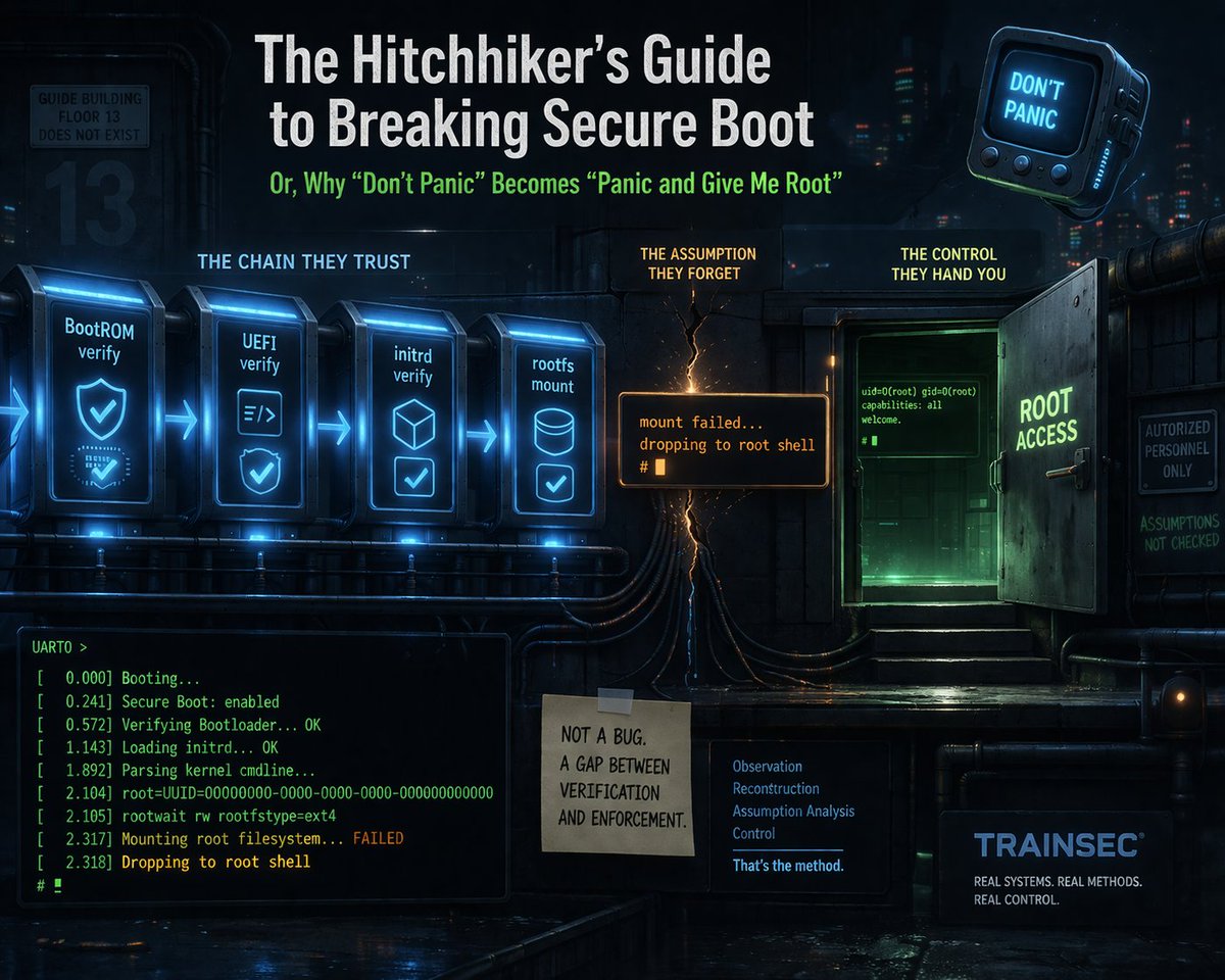 The_H1tchH1ker's tweet photo. Misled Trust at Scale: Jetson Orin CVEs

If you’re using @nvidia  Jetson Orin, this may already be in your product.

My research led to CVE-2026-24154 & CVE-2026-24153
They look like typical vulns. They’re not.
They expose a deeper issue:
systems that verify correctly, but carry development trust assumptions into production.

Result:
→ Root shell during early boot
→ Observe live decryption
→ Extract keys & mount rootfs
(no crypto broken)

Nothing is broken.
Trust just happens at the wrong moment.

And Orin is everywhere: AI, robotics, industrial, edge.
This is not a CVE story.
It’s a production trust failure.
Full breakdown 👇
 https://t.co/QfNm6CHRqU