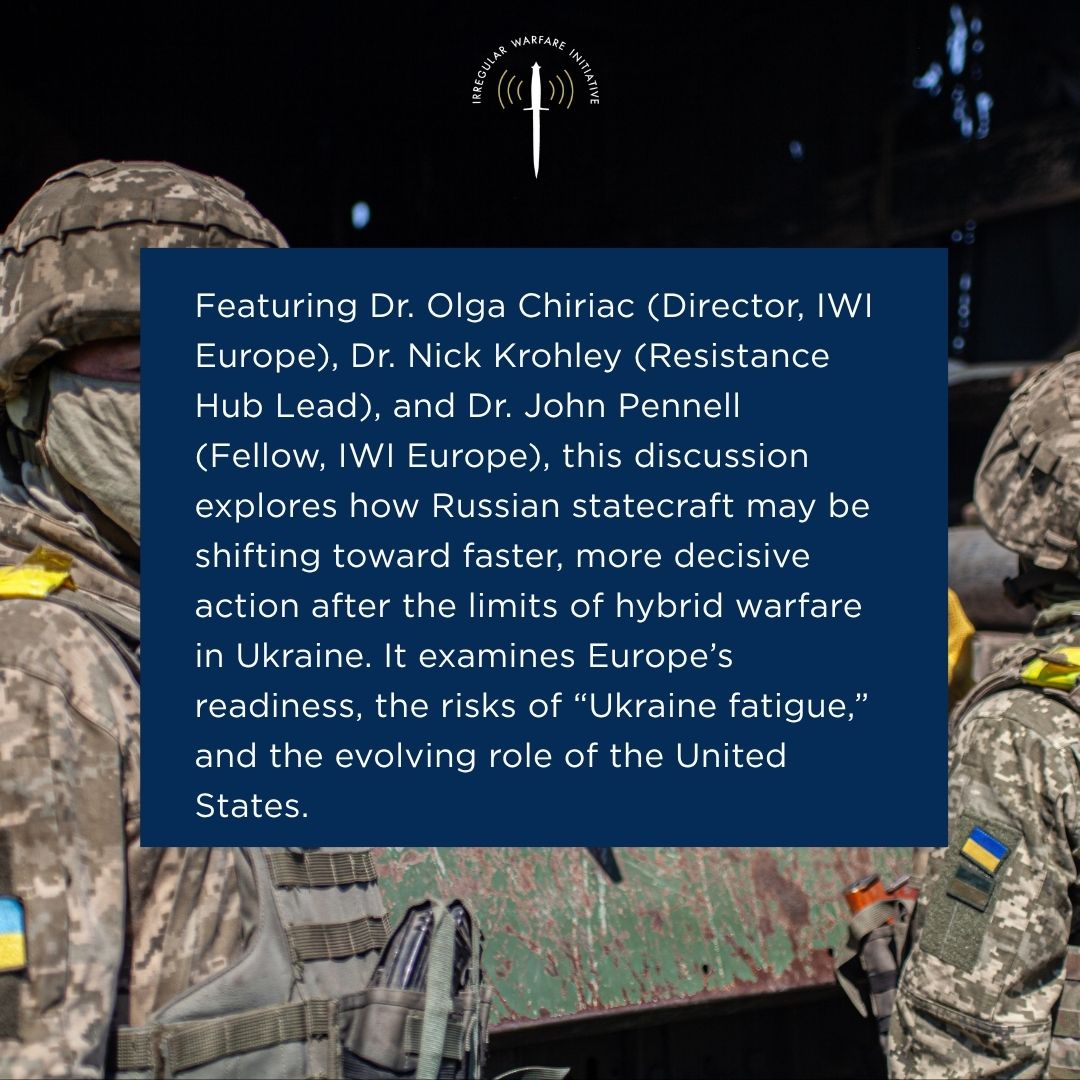 IrregWarfare's tweet photo. Fireside Chat: Ukraine & the Future of European Security

How is Russia adapting its strategy after more than two decades of engagement with Ukraine—and what does that mean for Europe’s security landscape?

This timely discussion brings together Dr. Olga Chiriac, Dr. Nick Krohley, and Dr. John Pennell to examine how the lessons learned from the war in Ukraine may reshape Russian statecraft and challenge prevailing assumptions about hybrid warfare.

The conversation will explore whether Russia may shift toward more rapid and decisive approaches, the realities of European preparedness, and the implications of growing “Ukraine fatigue” across Europe and the United States.

As the strategic environment evolves, this is a critical opportunity to reassess deterrence, resilience, and the future of transatlantic security cooperation.

Hosted by the Irregular Warfare Initiative Europe Program.

Hear the full conversation here: https://t.co/C4mhdIOXeh

Photos taken at a Ukrainian artillery position firing on Russian positions on the Kherson front in the summer of 2022.

#EuropeanSecurity #Ukraine #Russia #IrregularWarfare #NATO #USForeignPolicy #SecurityStudies