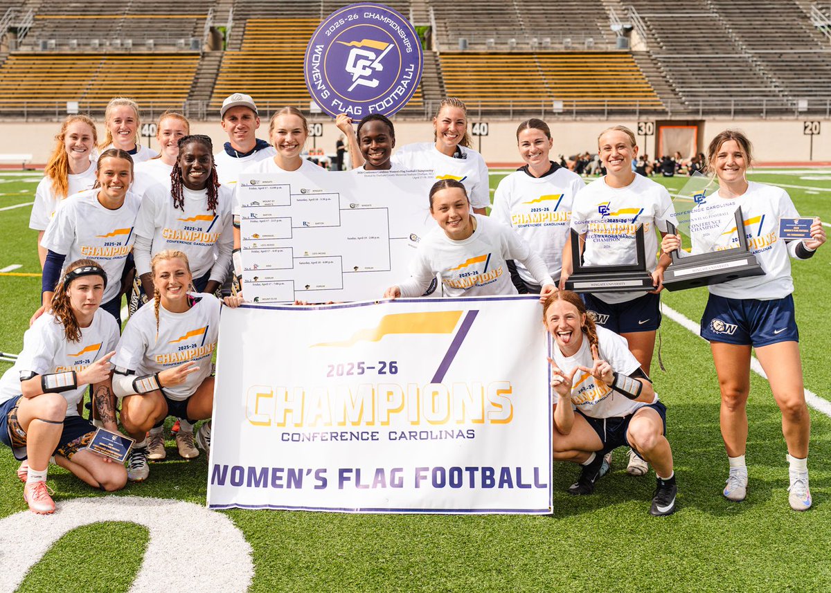WU_Bulldogs's tweet photo. 🏆 CONFERENCE CAROLINAS CHAMPS 🏆

#WINgate takes down Ferrum 32-14 to take home the title at the inaugural Conference Carolinas Flag Football Tournament!

#OneDog https://t.co/eVC7PlQkWm