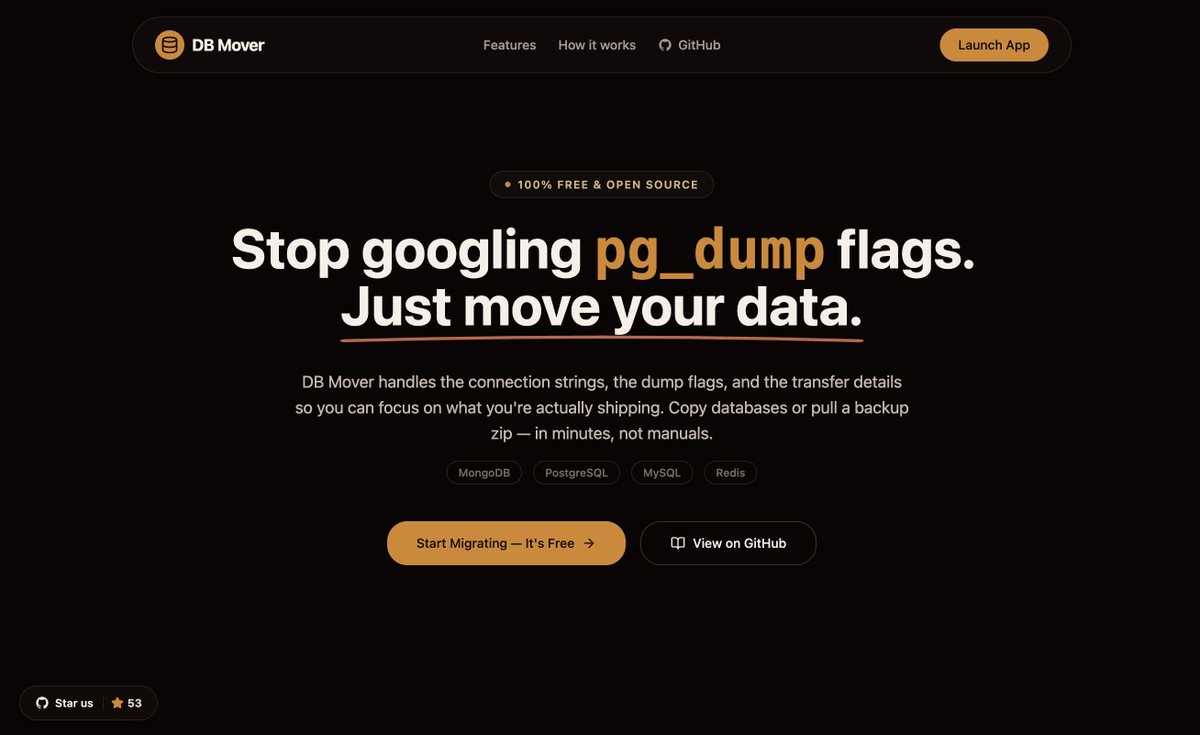 The worst part of moving a database isn't the migration

it's the 40 minutes before where you're tabbing between docs, stack overflow and your notes app trying to remember the flags

That's why i built DBMover , a GUI for moving data across databases  - dbmover.cloud