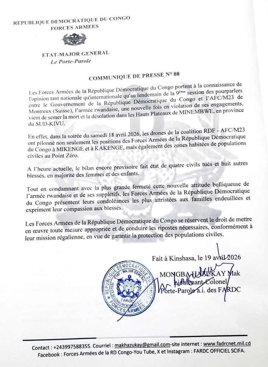 rkitsita's tweet image. #RDC: Les FardC portent à la connaissance de l’opinion qu’au lendemain de la session des pourparlers en Suisse , les drones de la coalition RDF-AFC M23 ont non seulement pilonné les positions des FardC dans la nuit de samedi à dimanche mais aussi les zones habitées par les