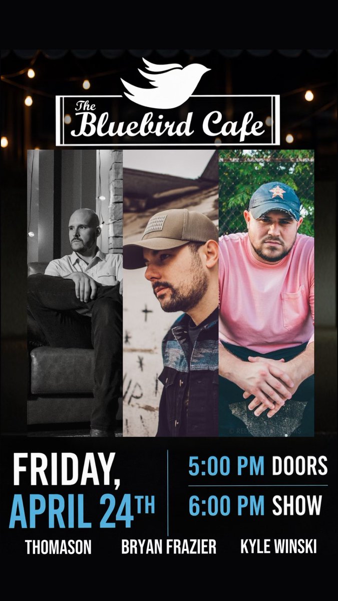 BryanDFrazier's tweet photo. Nashville, I’m back at the legendary The Bluebird Cafe on Friday, April 24th at 6PM with my buddies @TreyLewisMusic and Kyle Winski

Tickets go on sale tomorrow at 8AM at Bluebird Cafe / https://t.co/pf9RvvCitW — these usually go fast, so set that alarm ⏰ https://t.co/enwhBXvfwn