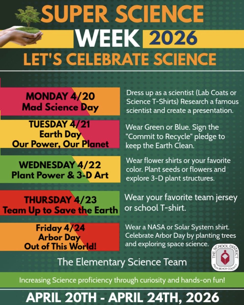 Collins077's tweet image. FYI:Reminder Super Science Week 2026 April 20th-24th
#celebratewithus🌎 don’t forget to tag us in your pictures!! @pbcscience