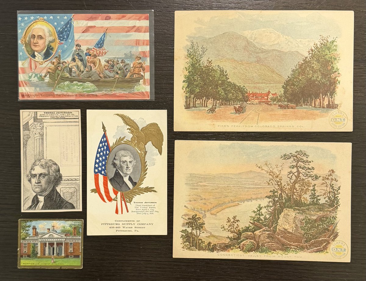 KChalftime's tweet photo. @breakoutcards_ Prices below include PWE.
Washington - Tuck postcard / clean: $16
Jefferson 1900s PC472-3 postcard: $14
Jefferson 1880 H602 (trimmed): $24
Monticello 1911 T69 Helmar - $8
Two Clarks O.N.T. (Pike’s peak, and Connecticut Valley from Mount Tom): $9 for pair https://t.co/m2gjjm899I