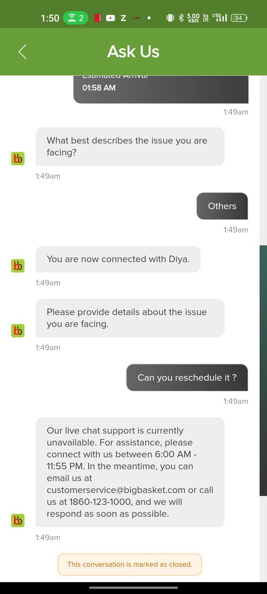 javed7293's tweet photo. Paid late-night charges to @bigbasket_com &amp; got zero service.
12:08 AM: Order placed
1:11 AM: Support refuses reschedule
1:33 AM: Agent says "eligible," then ghosts &amp; shuts chat in my face
1:49 AM: Still ghosted
Pathetic empathy &amp; service
#BigBasket #CustomerService #TataDigital https://t.co/iITup9j53c