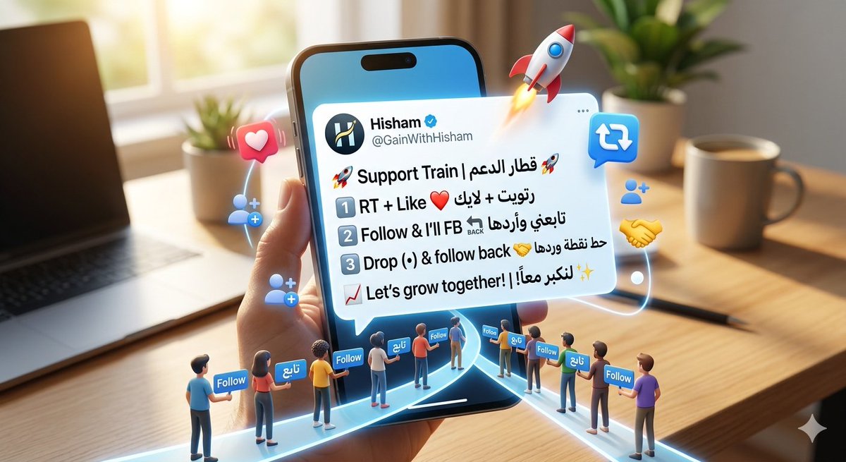🚀 Support Train | قطار الدعم 🚀
​1️⃣ RT + Like ❤️ رتويت + لايك
2️⃣ Follow &amp; I'll FB 🔙 تابعني وأردها
3️⃣ Drop (•) &amp; follow back 🤝 حط نقطة وردها
​📈 Let's grow together! | لنكبر معاً! 
#GainWithHisham #SupportTrain #زيادة_متابعين #دعم