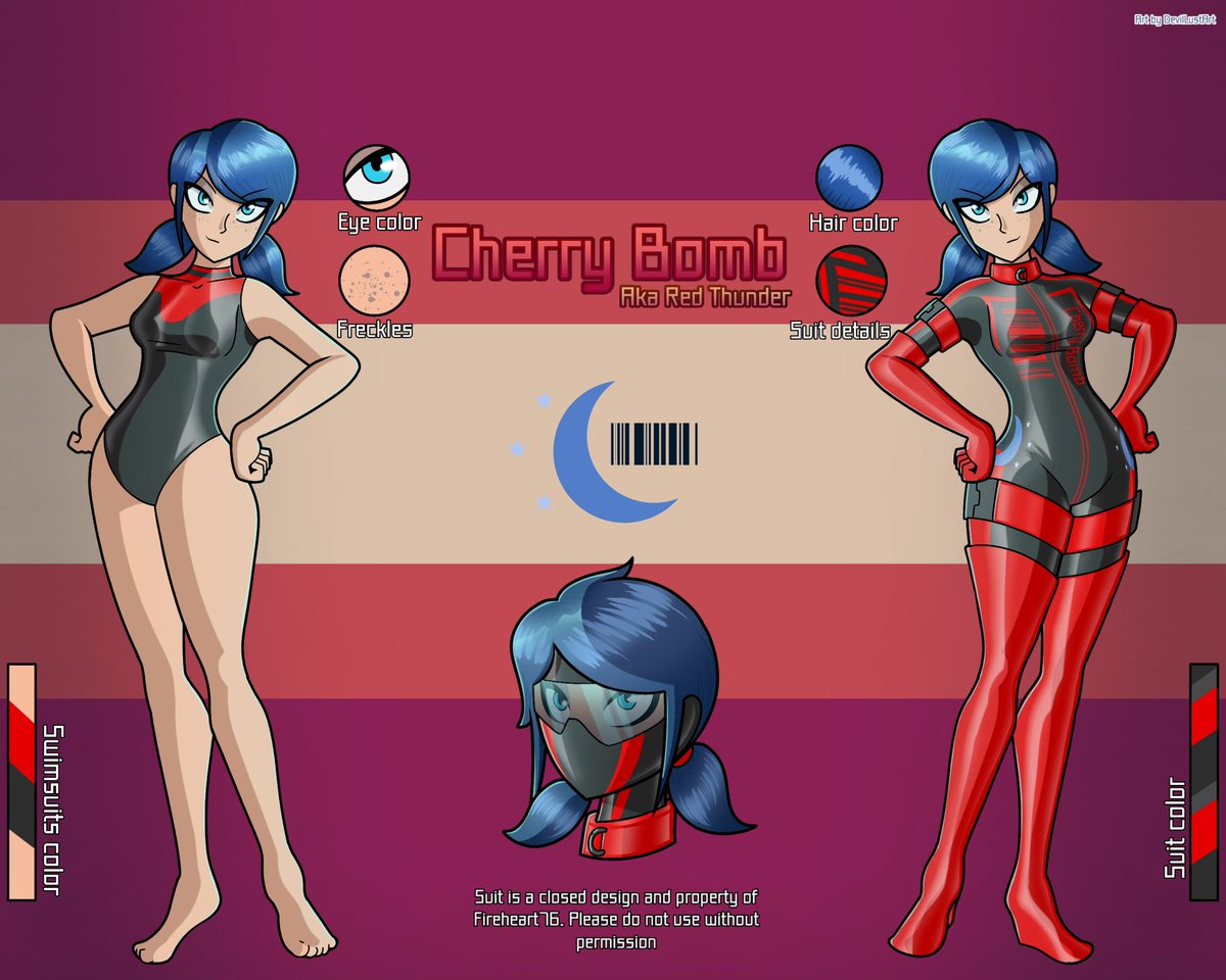First of three new super hero characters for my Stellaria AU! I love the designs from miraculous ladybug, so I took some inspio!

First up we have Cherry Bomb, (aka, ‘Red Thunder’)
Part of the Stellaria Thunder Team!
Art by <a href="/DevilLustArt/">DevilLustArt🔞(Comms Open)</a>