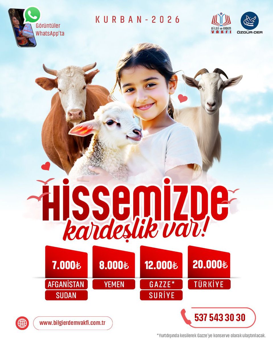 bilgierdemvakfi's tweet photo. Hissemizde Kardeşlik Var!

Kurban Bayramı’nda vekâletlerinizi dünyanın dört bir yanında ihtiyaç sahiplerine emanet bilinci ile ulaştırıyoruz.

🐏Afganistan/Sudan: 7000₺
🐏Yemen: 8000₺
🐏Gazze/Suriye: 12000₺
🐏Türkiye: 20000₺

Haydi siz de vekâletinizle yetimlere el uzatın. https://t.co/WFt5pYk5gC