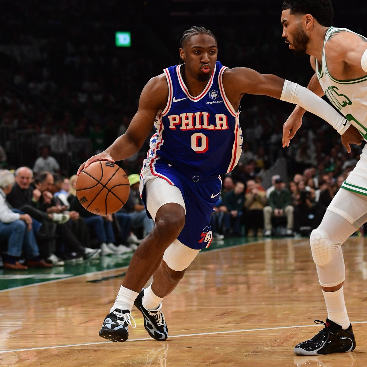 Tyrese Maxey rocking his New Balance Maxey v1 in Game 1 of Sixers
