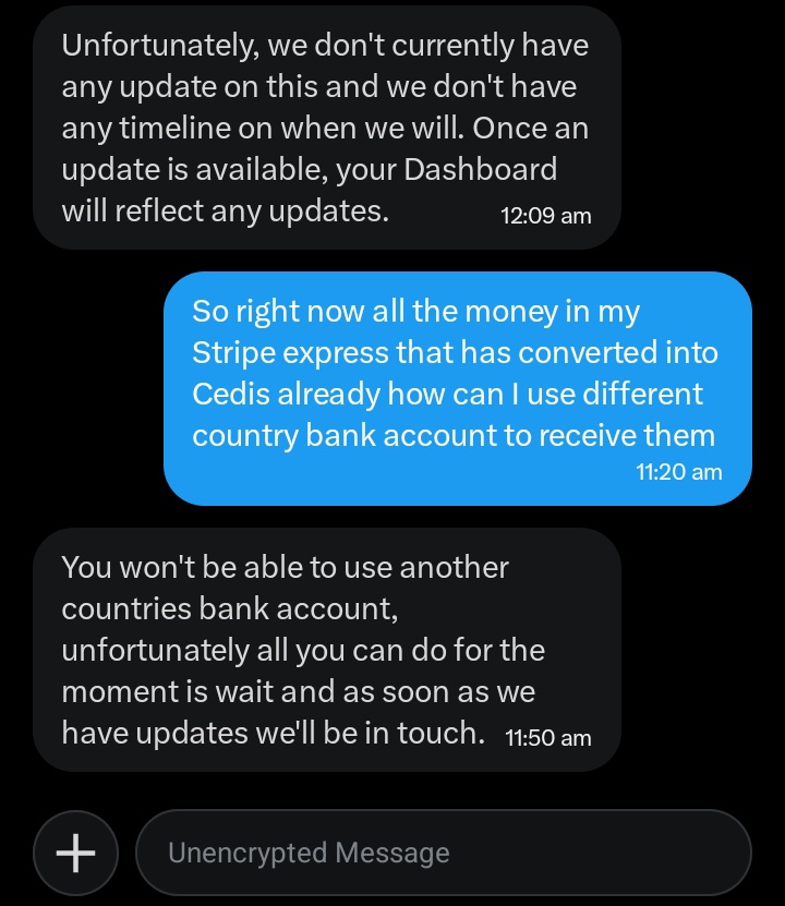 BlenderGH19's tweet photo. @Kojo_TN This is what Stripe told me 
Once you disconnect the account, you lose your money

What we have to do is put pressure on BOG and Stripe for them to fix am ASAP because  its getting into 2 months https://t.co/UQSwWmhfSv
