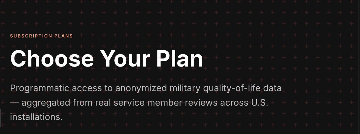 hotscots_app's tweet photo. Last week we floated opening API access to our anonymized review data. The response was clear: ship it.

It's live.

$20/month for individuals and small orgs. $299/month institutional. All anonymized. No reviewer is ever identifiable.

Also new and free: State of Your Barracks. Pull a report for your installation — ratings, top issues, trends. Built off our white paper, running on live data. No login required.

If you're a researcher, staffer, or reporter who's been waiting on this — it's yours.