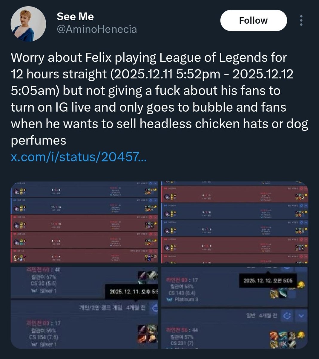 fefisprout's tweet photo. k-pop akgaes are weird because why is there a hwanger so heavily invested in felix that they're logging every second that he spends in his personal time and telling him how to spend it? you can't make this up 😭😭 what is this? https://t.co/obUabhjeSz