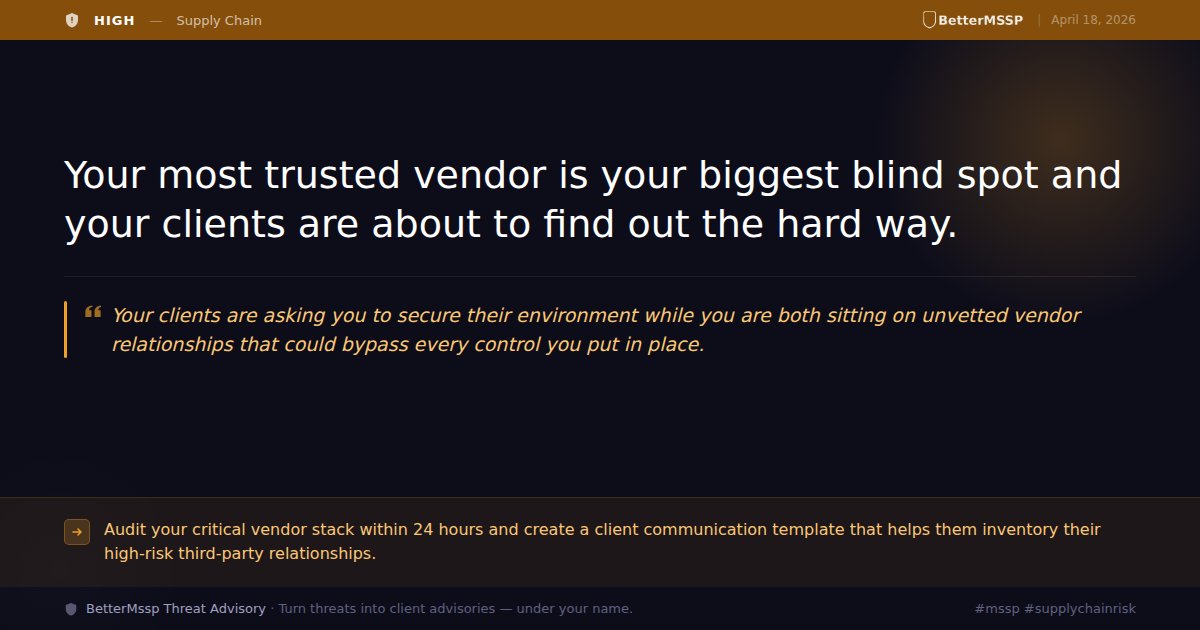 bettermssp's tweet image. Your clients will blame you when a vendor they use gets hit. You don't control it but you own the conversation. Audit your vendor stack today or lose the contract tomorrow. #mssp #supplychainrisk #soc #cybersecurity #threatintel