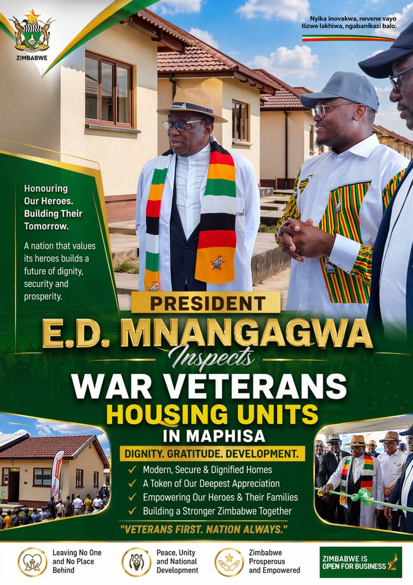 PresFunds's tweet image. The Principal, His Excellency President E.D. Mnangagwa, expressed satisfaction when he inspected the War Veterans’ Housing Units in Maphisa.  

#Empowerment