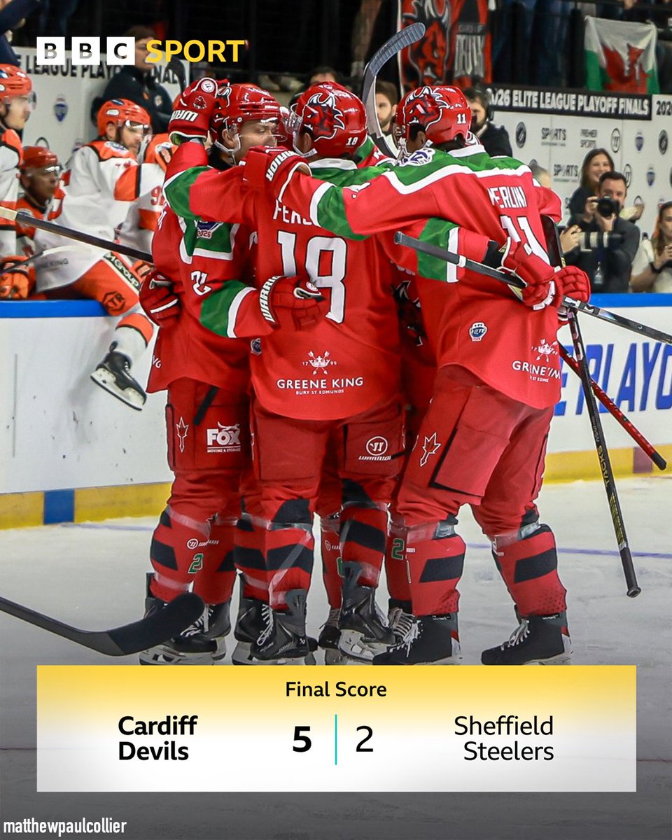 BBCSportWales's tweet photo. They've done it! 👏

Cardiff Devils beat Sheffield Steelers in the Elite League Play-Offs Final to win a first domestic trophy in four years 🏆

#BBCIceHockey #Devils https://t.co/HvHYMDvZ1u