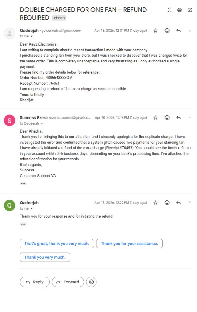 _Kayla_025's tweet photo. Finished my Week 6 VA role-play with @Vseafrica! 🚀

I acted as Customer Support with my partner for the week, using calls and emails to handle two scenarios: a late delivery and a double-charge dispute. 

#VirtualAssistant #CustomerSupport https://t.co/StGlamd9tX