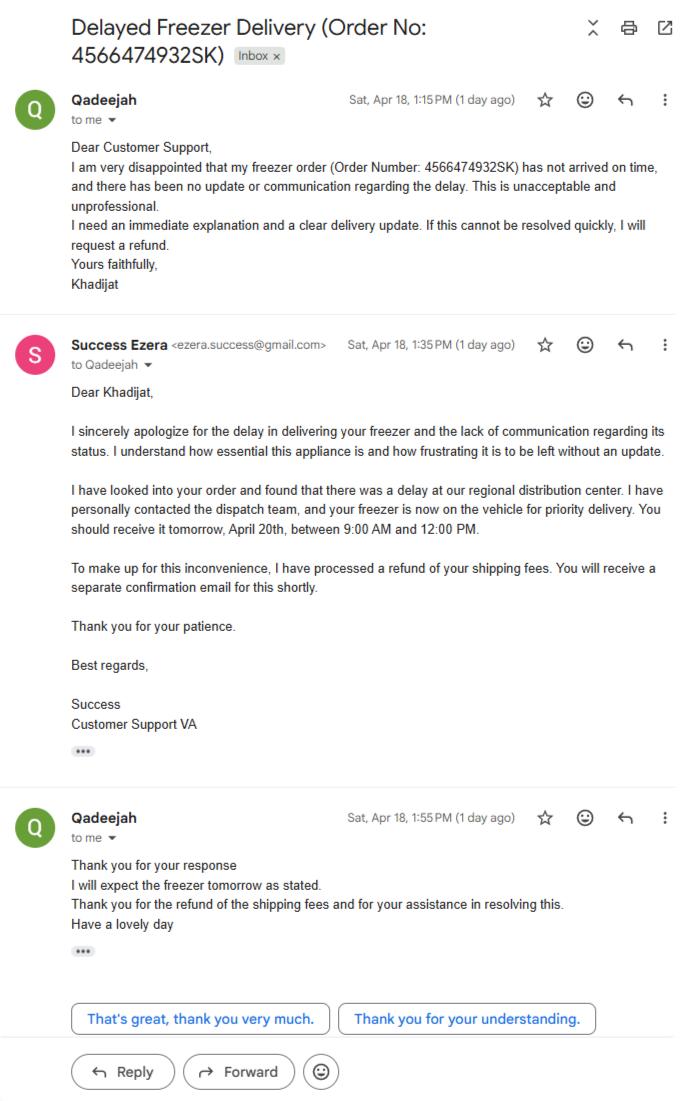 _Kayla_025's tweet photo. Finished my Week 6 VA role-play with @Vseafrica! 🚀

I acted as Customer Support with my partner for the week, using calls and emails to handle two scenarios: a late delivery and a double-charge dispute. 

#VirtualAssistant #CustomerSupport https://t.co/StGlamd9tX