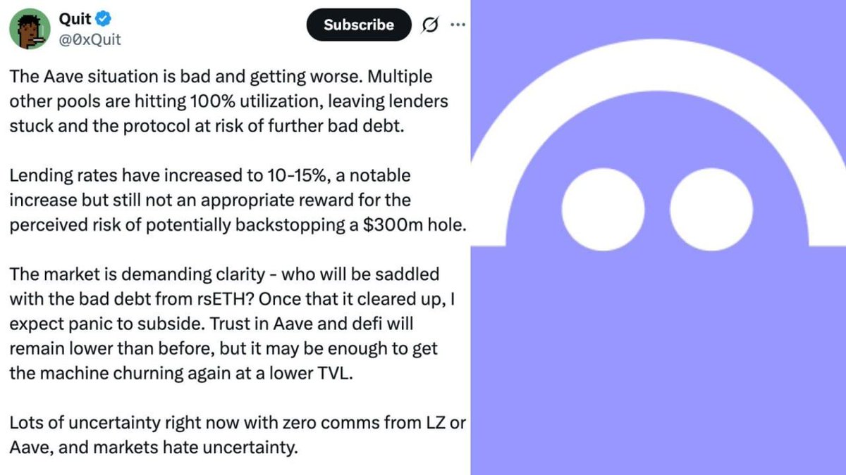 ImCryptOpus's tweet image. 💎💎💎💎💎

0xQuit says the $AAVE situation is bad and getting worse, with multiple other pools hitting 100% utilization, leaving lenders stuck and the #protocol at risk of further bad debt. 💛

#crypto