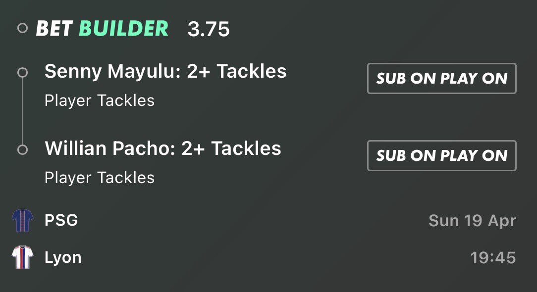 DucesPropBets's tweet photo. 🌍PSG vs Lyon 

🤔Senny Mayulu and Willian Pacho - Over 1.5 Tackles and 2.5 Tackles 

💰0.75u/0.25u

📕Bet365

Powered by @StatsHubCom Sharps Model https://t.co/HVTOMPjyZT