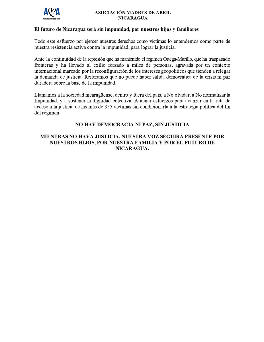 MadresDeAbril's tweet photo. 📣📣COMUNICADO📣📣
 💙🖤A ocho años del inicio de las protestas ciudadanas contra el régimen dictatorial de Nicaragua, desde AMA reafirmamos nuestro compromiso con la verdad, la justicia, la memoria y la no repetición como pilares fundamentales para la reconstrucción del país💙🖤 https://t.co/5pOoMSnxu6