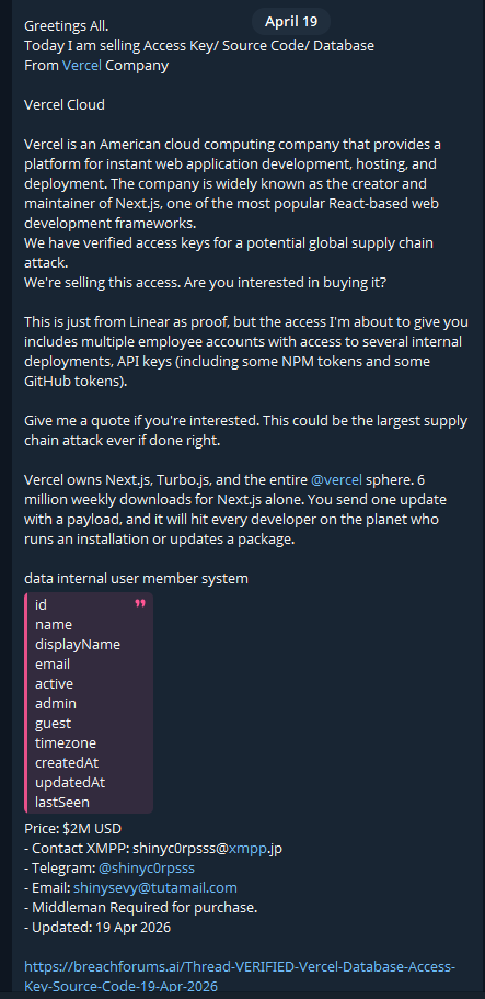 T3chFalcon's tweet photo. Vercel was breached. Here’s what you need to know. 

TLDR: The hacker group ShinyHunters says they are selling Vercel’s source code, database access, and API keys, including NPM and GitHub tokens for $2M. If this is true, millions of developers could be affected. Vercel has confirmed the breach. Change your secrets now.

What happened?
On Sunday, April 19, 2026, ShinyHunters posted on BreachForums, a popular site for stolen data, offering access to Vercel’s internal systems. This includes source code, database access, API keys, NPM tokens, and GitHub tokens.

ShinyHunters have carried out some of the biggest breaches in recent years. When they post something, it should be taken seriously.

A few hours later, Vercel released an official notice confirming that someone had accessed some of their internal systems without permission. They have brought in security experts, notified law enforcement, and say their services are still running for now.

Why should you care even if you don't use Vercel?
This matters because Vercel owns Next.js, a React framework with over 6 million weekly downloads. The attacker claimed that if they push a malicious update to Next.js, it could reach every developer who installs or updates the package.

This is not an exaggeration. It would be a supply chain attack, similar to what happened with SolarWinds in 2020 and 3CX in 2023. You do not have to be a Vercel customer to be affected. If your stack uses Next.js, you could be at risk.

What was allegedly taken
- Source code repositories

- Database access credentials

- Internal API keys

- NPM publish tokens

- GitHub access tokens

What Vercel is saying
Vercel’s incident page is cautious and vague, which is normal during an active investigation. They say only a limited group of customers was affected and are contacting them directly. They have not confirmed what was taken or denied the BreachForums claims.

In other words, Vercel likely knows more than they are sharing right now, which is normal in the first 24 hours after an incident.

What you should do right now
Go to your Vercel activity log and look for anything suspicious

Rotate every environment variable in your Vercel projects

Check any GitHub tokens or NPM tokens you've granted Vercel access to and revoke them

Pin your next package to a specific known-good version until this blows over

Bottom line
This situation is still unfolding. We do not yet know the full scope, what has been independently verified, or if a supply chain attack is actually happening. However, the threat is real, and if the attacker’s claims are true, this is a serious risk for a platform so important to the JS ecosystem.

Keep checking Vercel’s incident page and prepare for the worst until there is more information. This is not being paranoid; it is the safest approach in 2026.

This page will be updated as more information becomes available.