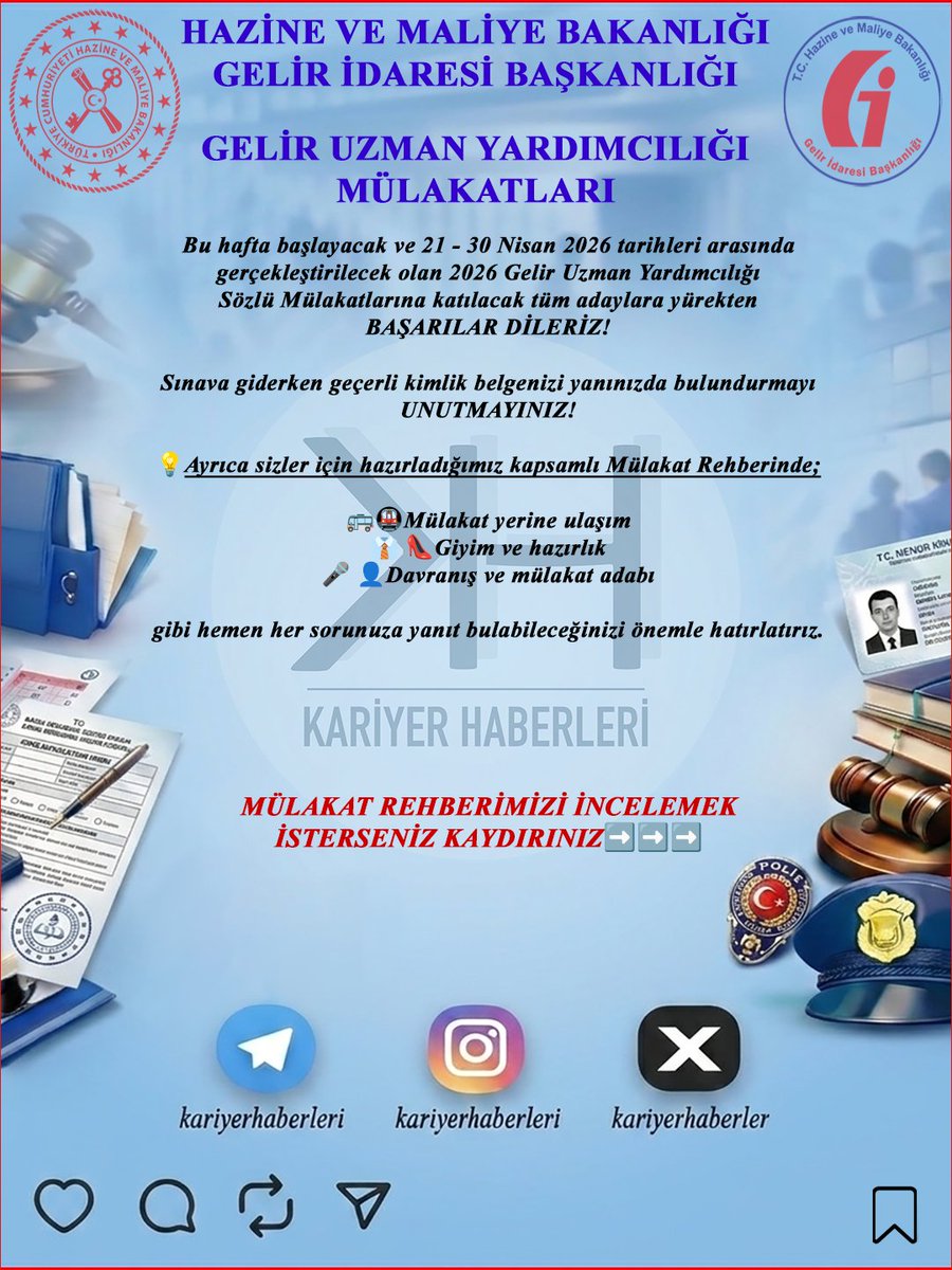 kariyerhaberler's tweet photo. 📢📢📢
2026 GELİR UZMAN YARDIMCILIĞI MÜLAKATLARI BAŞLIYOR!

Bu hafta başlayacak ve 21 - 30 Nisan 2026 tarihleri arasında gerçekleştirilecek olan 2026 Gelir Uzman Yardımcılığı Sözlü Mülakatlarına katılacak tüm adaylara yürekten BAŞARILAR DİLERİZ!

Sınava giderken geçerli kimlik belgenizi yanınızda bulundurmayı UNUTMAYINIZ!

💡Ayrıca sizler için hazırladığımız kapsamlı Mülakat Rehberinde;

🚌🚇Mülakat yerine ulaşım
👔 👠Giyim ve hazırlık
🎤 👤Davranış ve mülakat adabı

gibi hemen her sorunuza yanıt bulabileceğinizi önemle hatırlatırız.

---

📌 2026 Gelir Uzman Yardımcılığı Mülakat Rehberi – Tüm Detaylar Tek İçerikte!

Kariyer yolculuğunda kritik virajlardan biri olan Gelir Uzman Yardımcılığı mülakat sürecine dair tüm detayları senin için derledik. İşte rehberin öne çıkan başlıkları 👇

🔎 📊 2026 Alım Süreci
• 655 kişilik alım (tek il: İstanbul)
• KPSS taban şartı: 65+
• Yazılı sınav: 60 soru – e-sınav sistemi
• Mülakata çağrılan aday sayısı: 1.327

🎯 🗣 Mülakat Sistemi Nasıl İşliyor?
• Yazılıda en az 70 puan şartı
• Kadronun 2 katı aday mülakata çağrılıyor
• Komisyon karşısında sözlü değerlendirme

📚 📖 Mülakata Nasıl Hazırlanmalısın?
• Tüm müfredattan sorumlusun (alan ayrımı yok!)
• Ezber + yorum + ifade becerisi birlikte değerlendiriliyor
• Anahtar kelime yöntemiyle çalışmak kritik

🧠 🛠 Etkili Hazırlık Stratejileri
• Eksik konuları kapat
• Konu tekrarlarıyla bilgiyi pekiştir
• Kendi cümlelerinle cevap pratiği yap
• Çıkmış sorular üzerinden çalış
• Kendini tanıtma metni hazırla

🎤 👤 Mülakat Performansı İçin İpuçları
• Akıcı, net ve özgüvenli konuş
• Bilmediğin soruda dürüst ol
• Göz teması kur ve tüm komisyona hitap et
• Pratik yapmadan mülakata girme!

👔 👠 Mülakat Günü & Giyim
• Resmi ve sade giyim tercih edilmeli
• Erkek: Koyu takım + beyaz gömlek
• Kadın: Sade ve klasik kombin
• İlk izlenim = büyük avantaj

📍 📅 Mülakat Detayları
• Tarih: 21 – 30 Nisan 2026
• Yer: Ankara (OECD Çok Taraflı Vergi Merkezi)
• Yanında sadece kimlik yeterli

🚀 Kariyer Haberleri olarak sana sadece bilgi değil, yol gösteriyoruz.
Bu süreçte yalnız değilsin!

📣 Bu içeriği faydalı bulduysan:
❤️ Beğenmeyi unutma
📤 Mülakata girecek arkadaşlarınla paylaş
💬 Sorularını yorumlara bırak

---
✅Instagram Hesabımızda çalışmamıza erişmek isterseniz;

⤵️⤵️⤵️

https://t.co/3BnzRkLj3v

☑️Yeni Telegram Haber Kanalımızda çalışmayı incelemek isterseniz;

⤵️⤵️⤵️

https://t.co/YEOAEuBc3v

-