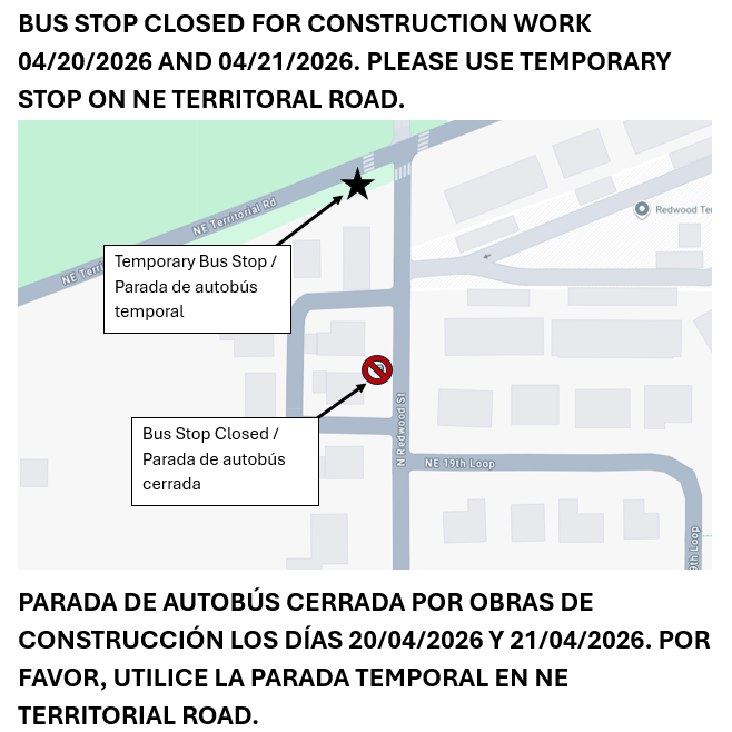 CanbyTransit's tweet photo. 🚧 Canby Loop Alert 🚧
Apr 20–21: PGE work on N Redwood St near NE 19th Loop.
🛑 Stop CLOSED both days
📍 Temp stop: NE Territorial Rd &amp; N Redwood St
⏱️ Expect delays
📲 Check Passio app for updates
🌐 https://t.co/ExrLvI8NDr
Thanks for your patience! https://t.co/2b5DxvCsbt